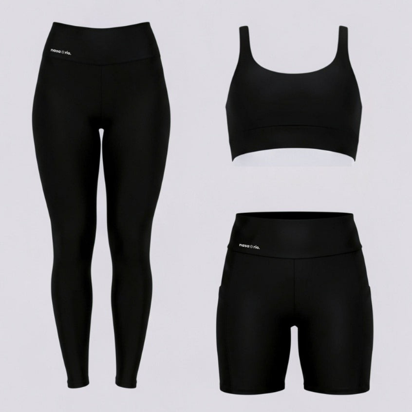 Kit Fitness Feminino 3 Peças Top + Legging + Short com Bolso Cintura Alta Zero Transparência