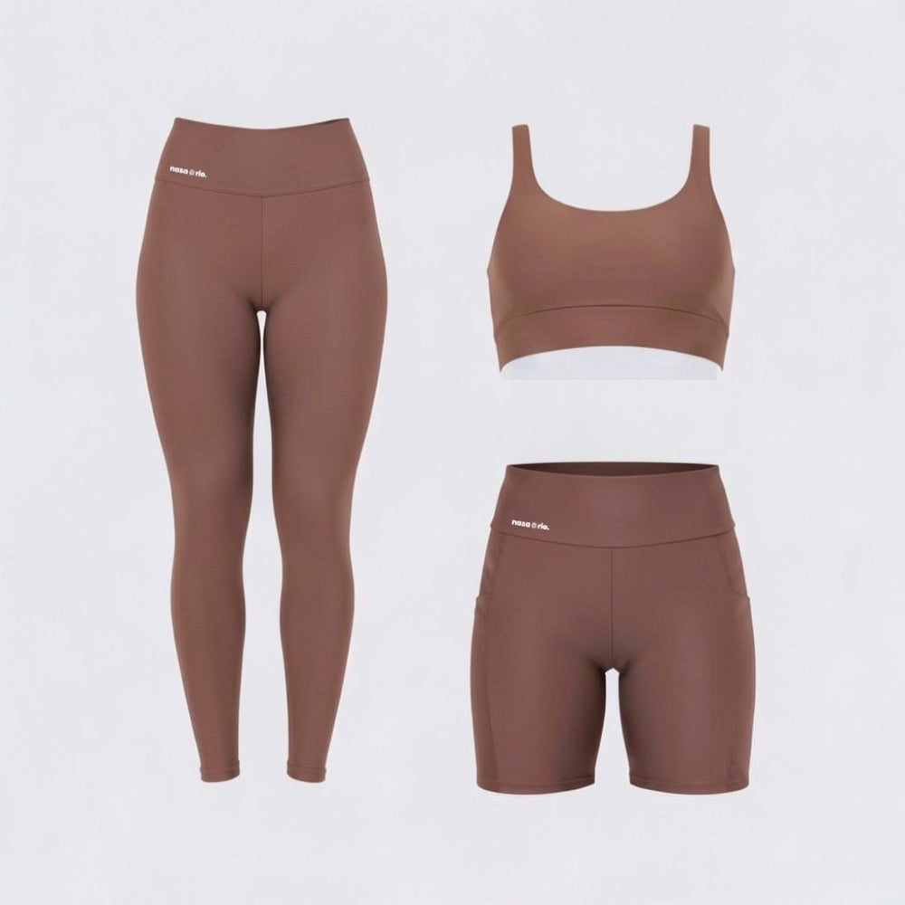 Kit Fitness Feminino 3 Peças Top + Legging + Short com Bolso Cintura Alta Zero Transparência