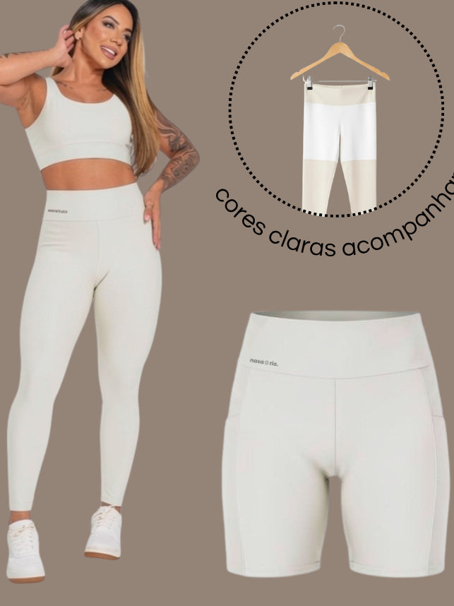 Kit Fitness Feminino 3 Peças Top + Legging + Short com Bolso Cintura Alta Zero Transparência