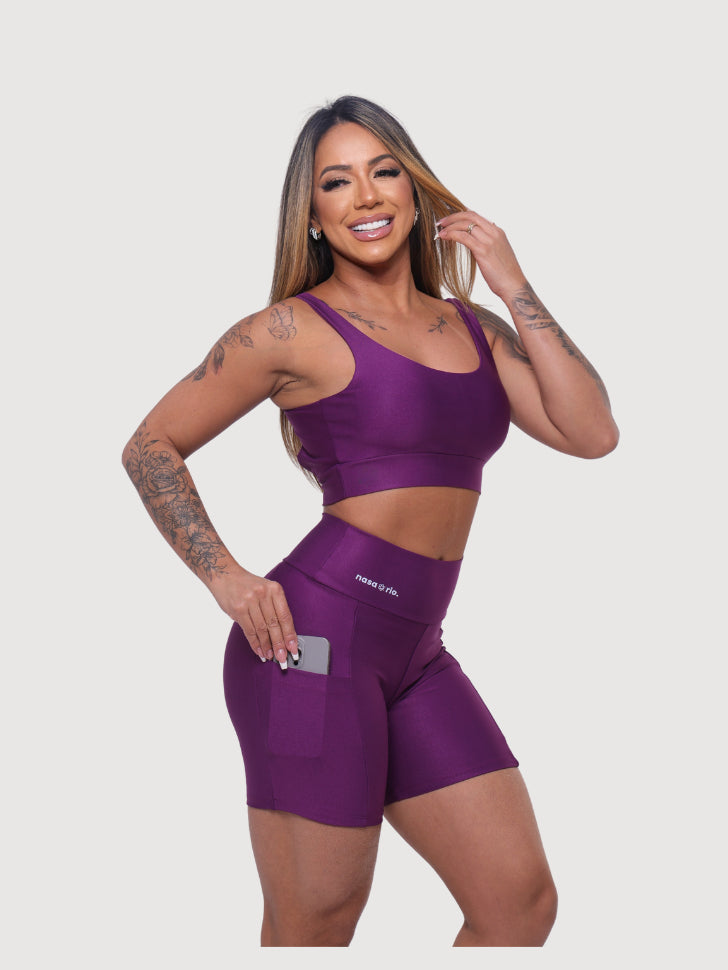 Kit Fitness Feminino 3 Peças Top + Legging + Short com Bolso Cintura Alta Zero Transparência