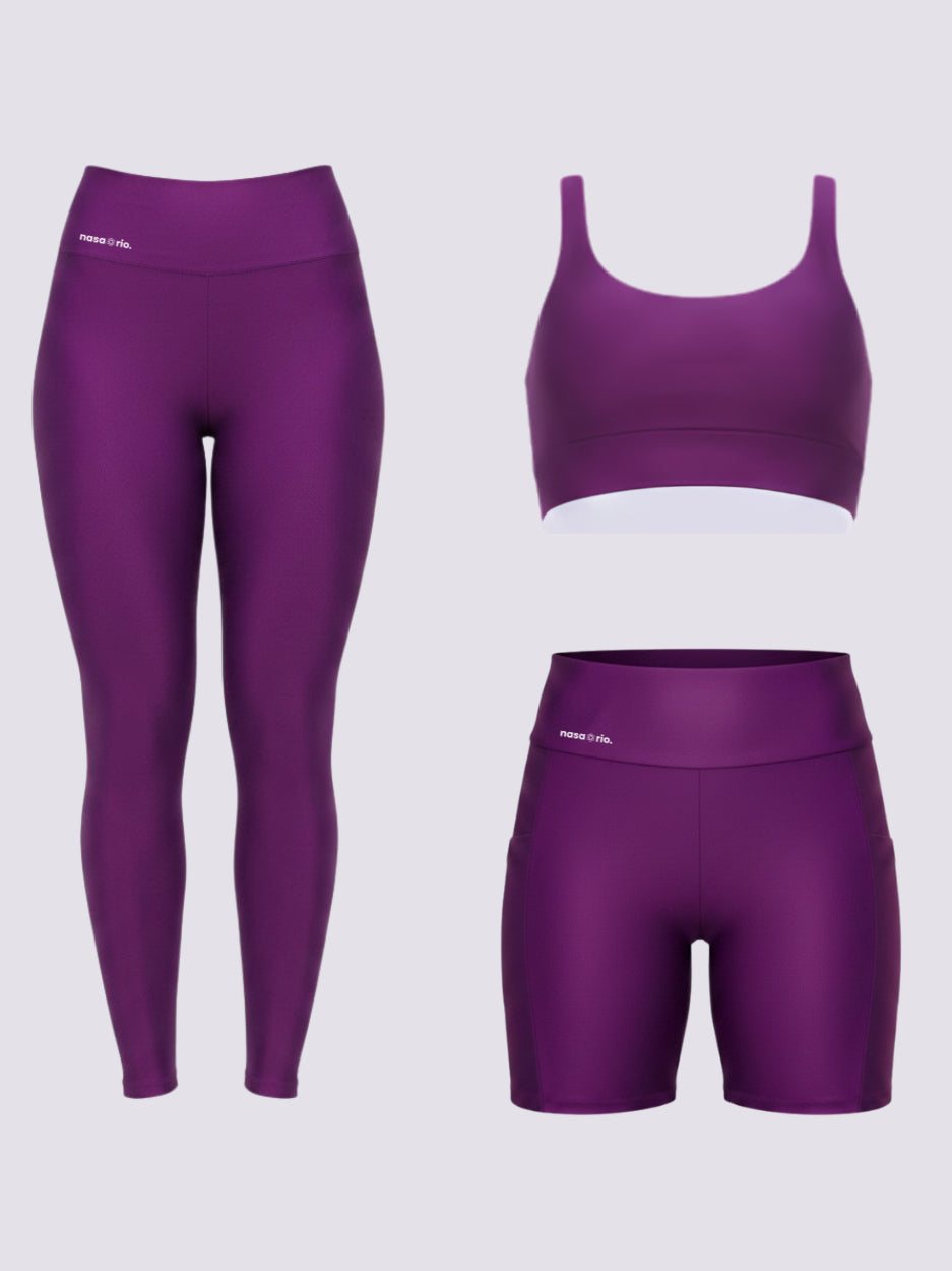 Kit Fitness Feminino 3 Peças Top + Legging + Short com Bolso Cintura Alta Zero Transparência