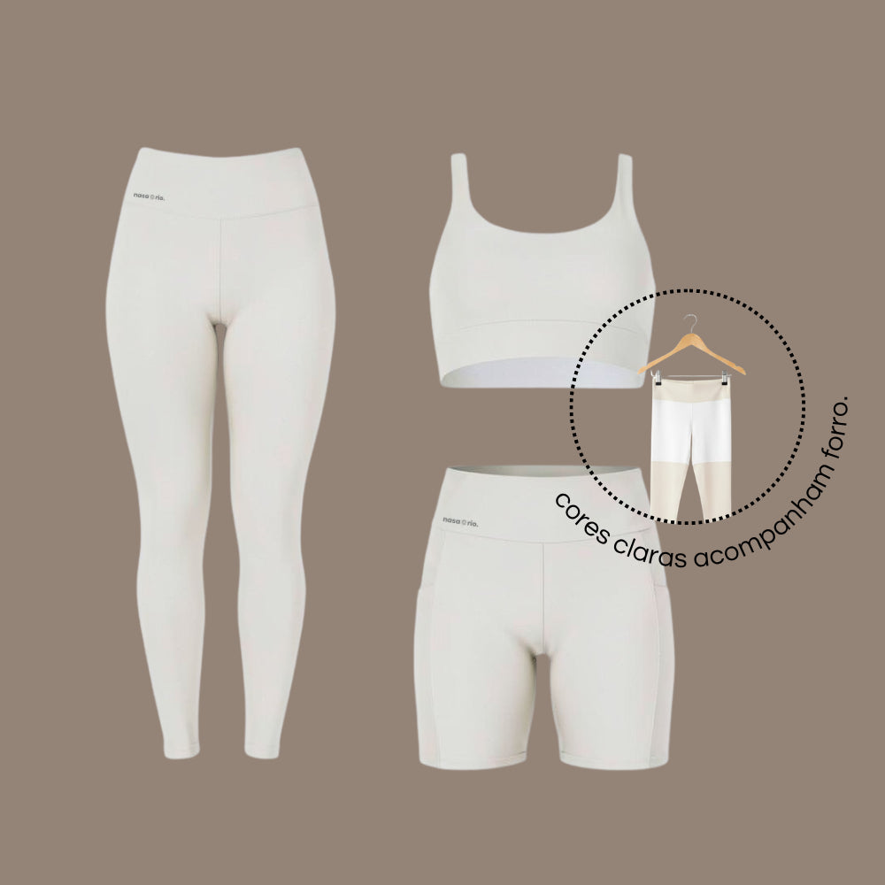 Kit Fitness Feminino 3 Peças Top + Legging + Short com Bolso Cintura Alta Zero Transparência